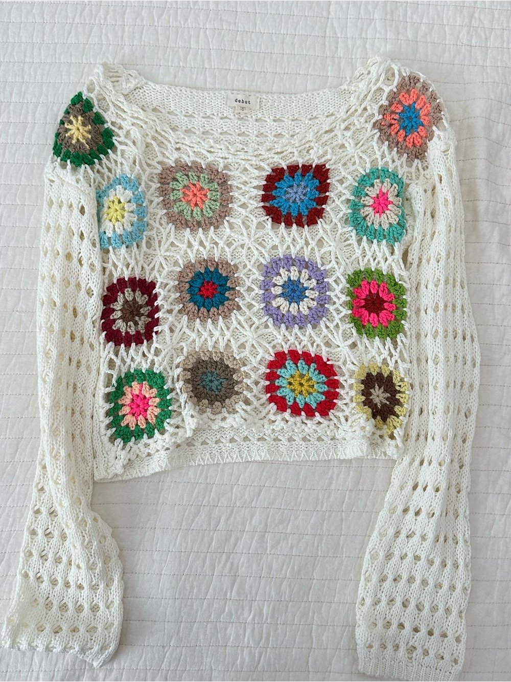 debut White Crochet Floral Square Patch Knit Top